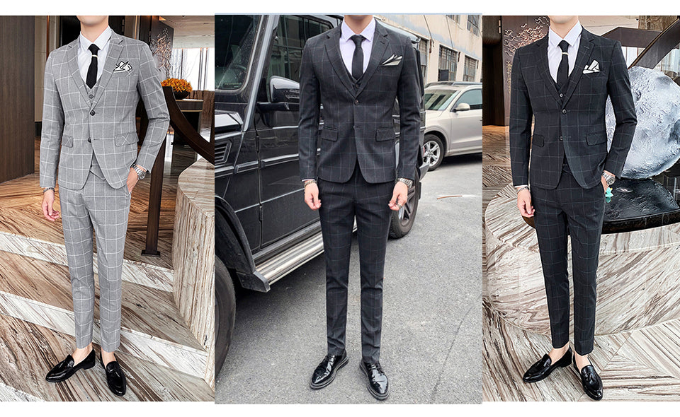 Mens 3 Piece Slim Fit Plaid Suit Formal Business Tuxedos Blazer+Vest+Pants