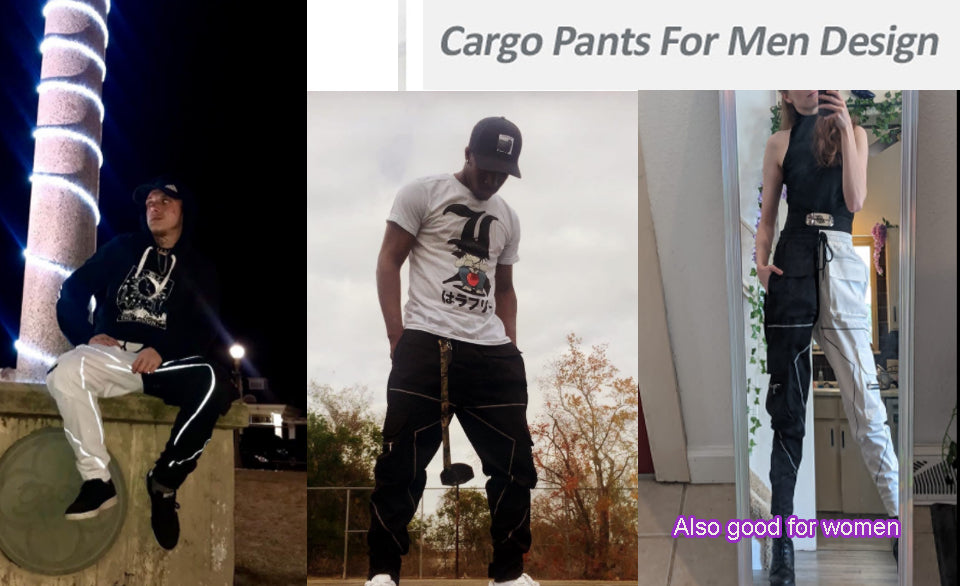 Grey Men's Multi Pocket Fashion Cargo Pants Technical Reflective Jogger Pants