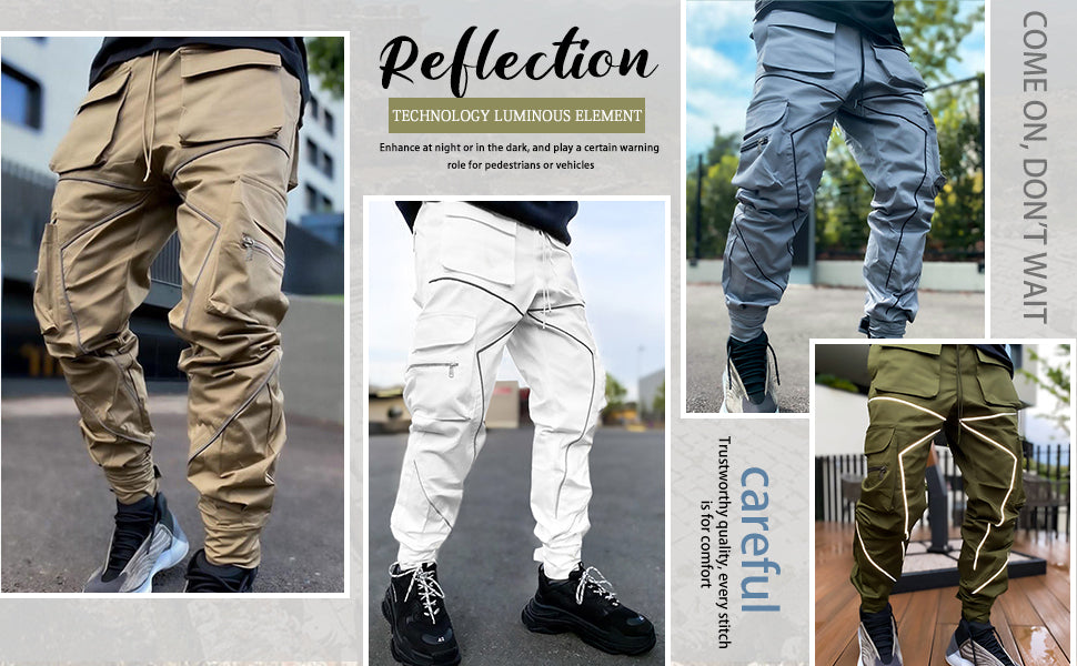 White Men's Multi Pocket Fashion Cargo Pants Technical Reflective Jogger Pants