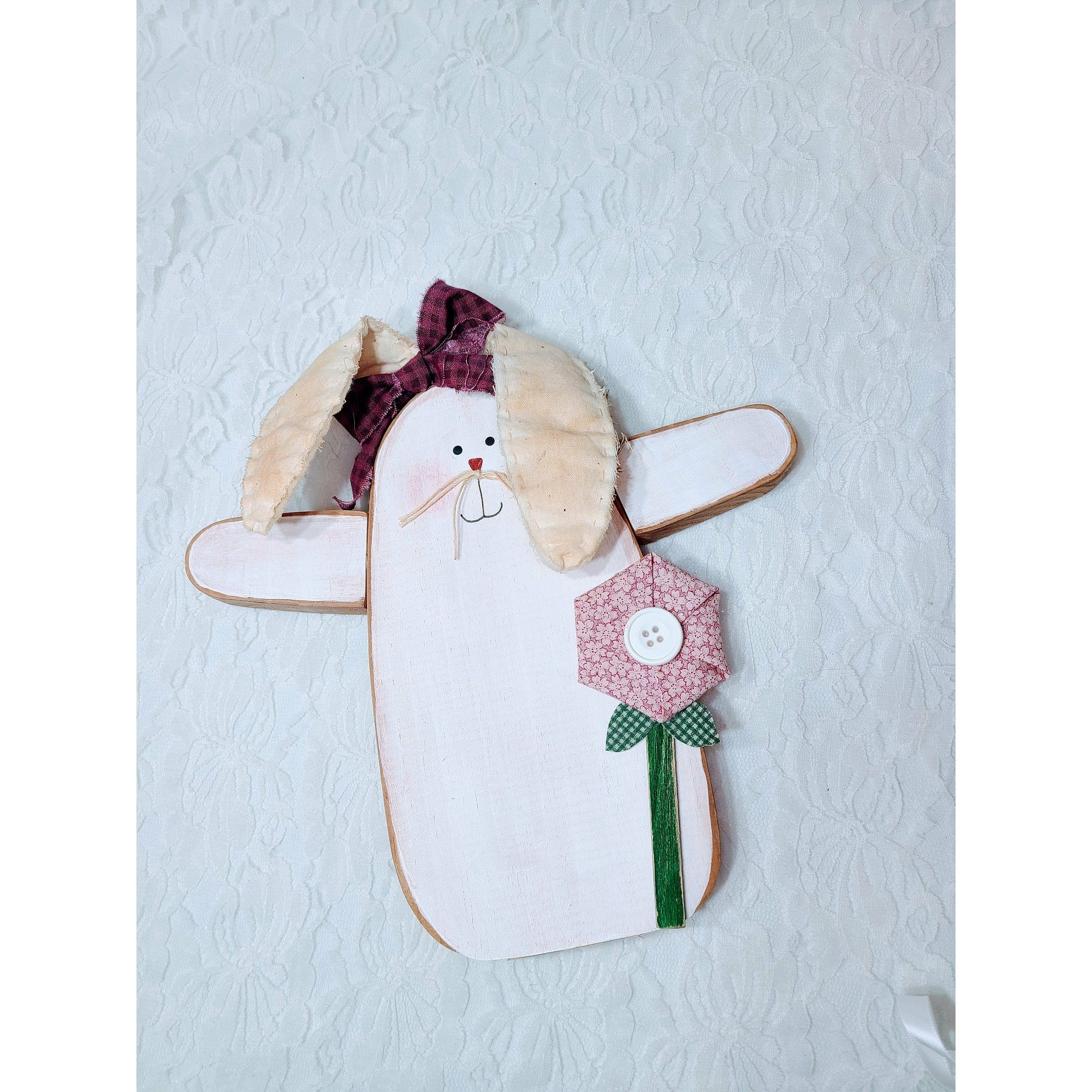 Easter Decorations Wooden Tole Painted 10" Handmade Primitive Shabby Bunny with Fabric Ears ~ Hanging Wood Ornament ~ OOAK Art