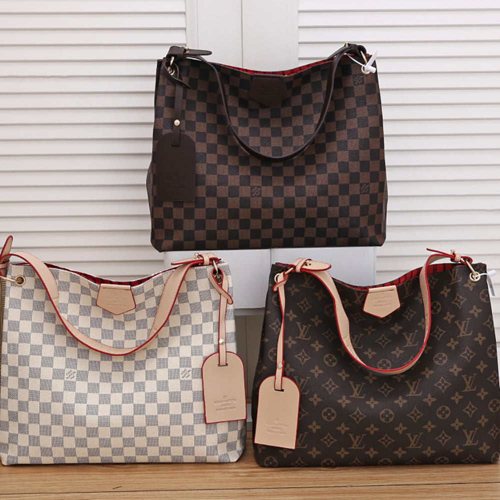 LV Louis Vuitton Coffee Letter Print Women Shopping Tote Shoulder Bag