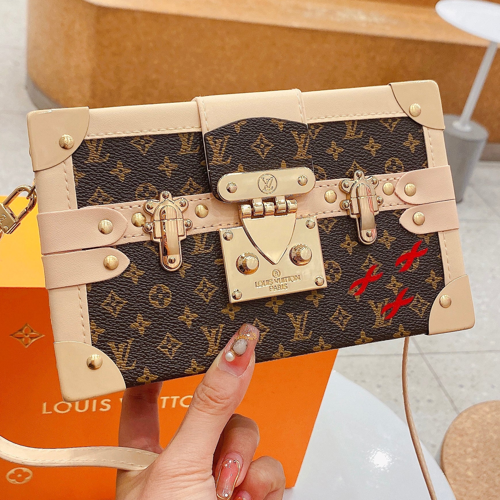 LV Louis Vuitton Coffee Letter Print Patchwork Color Flap Box Bag Shoulder Bag Crossbody Bag