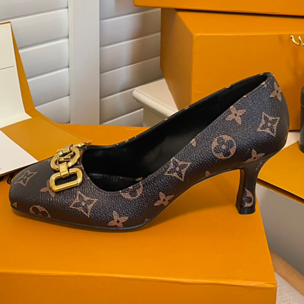 LV Louis Vuitton Gold Letter Logo Women's High Heel Sandals 