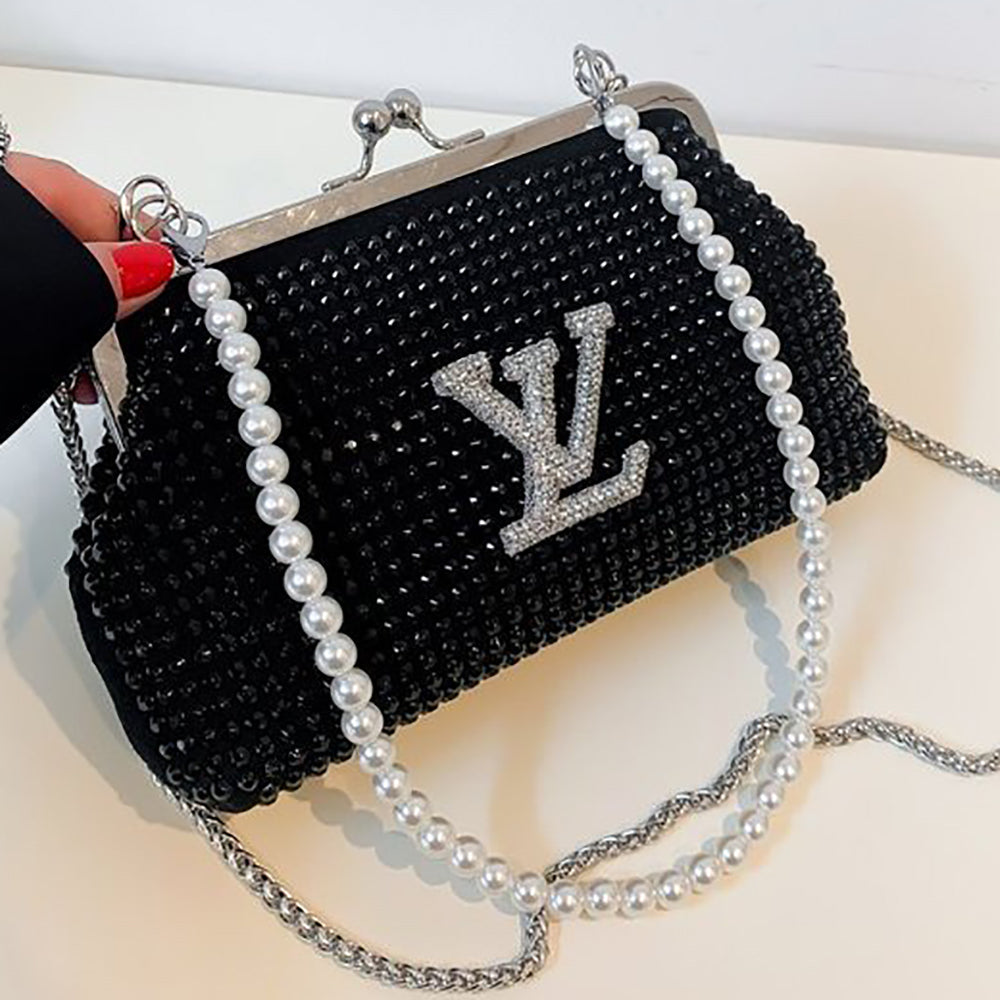 LV Louis Vuitton diamond letter logo women shopping pearl chain 