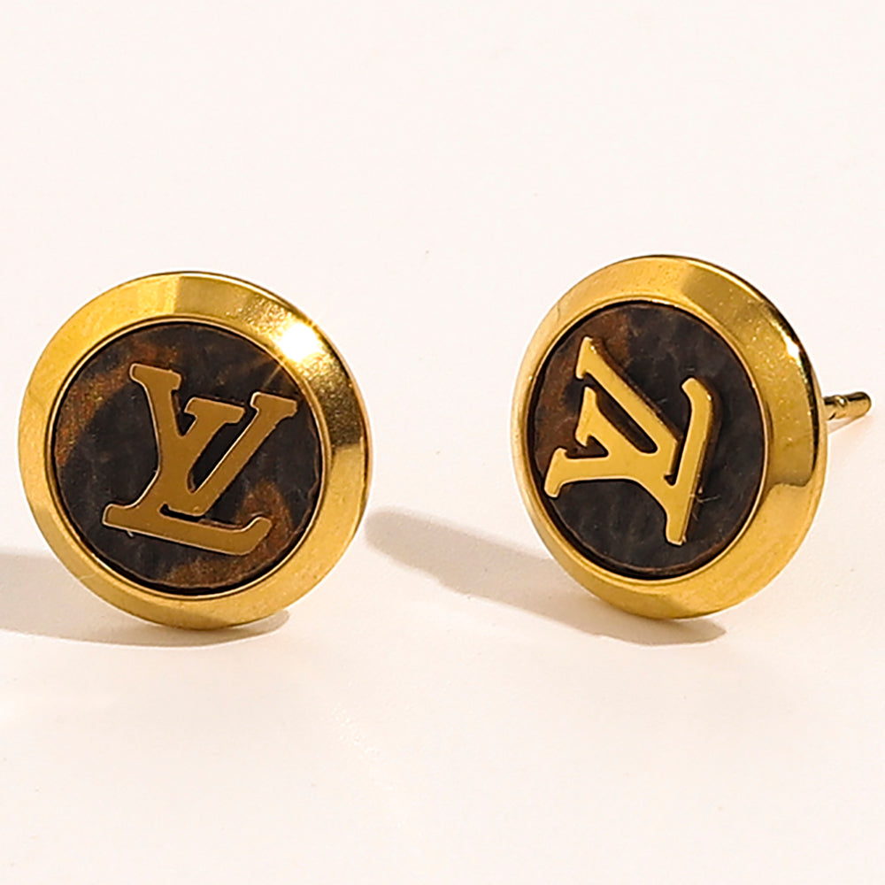 LV Louis Vuitton Gold Letter Logo Women's Style Stud Earrings