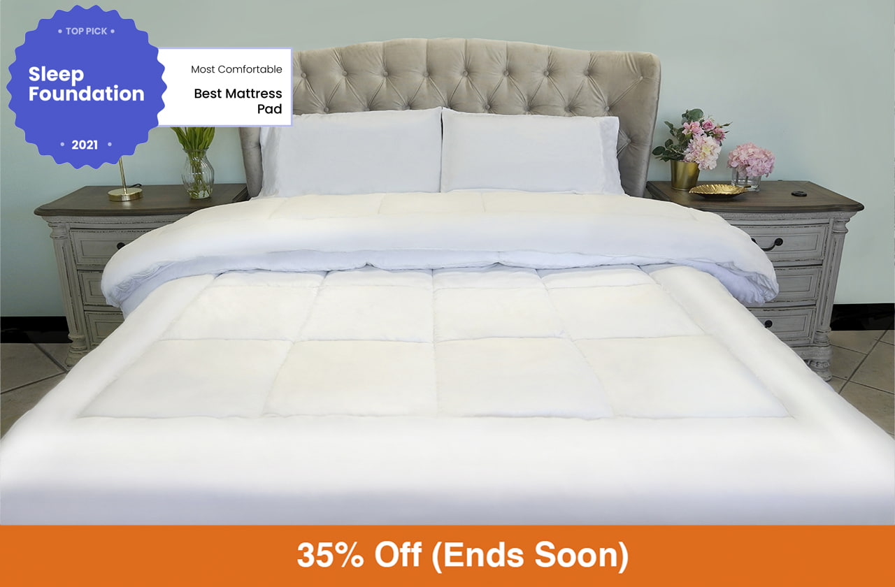 Sweet Zzz mattress pad on a bed with writing “35% off ends soon