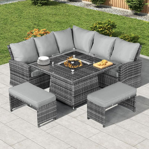 rattan sofa with fire pit table