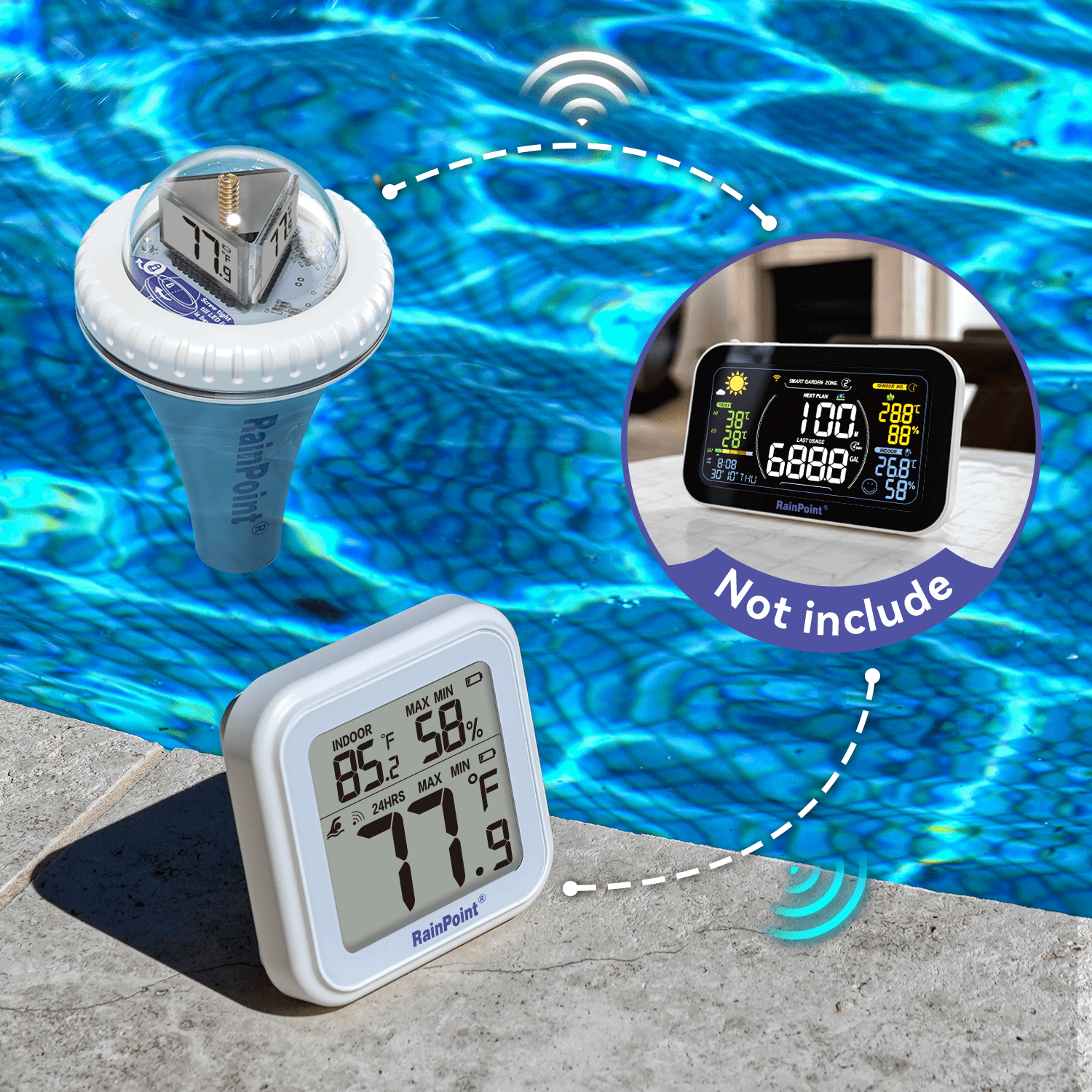 RainPoint Smart + Pool Thermometer Model No: HCS528+HCS015- Pool  Thermometer Only, Must be Used with HIS019 WiFi Hub, 2.4Ghz WiFi Only