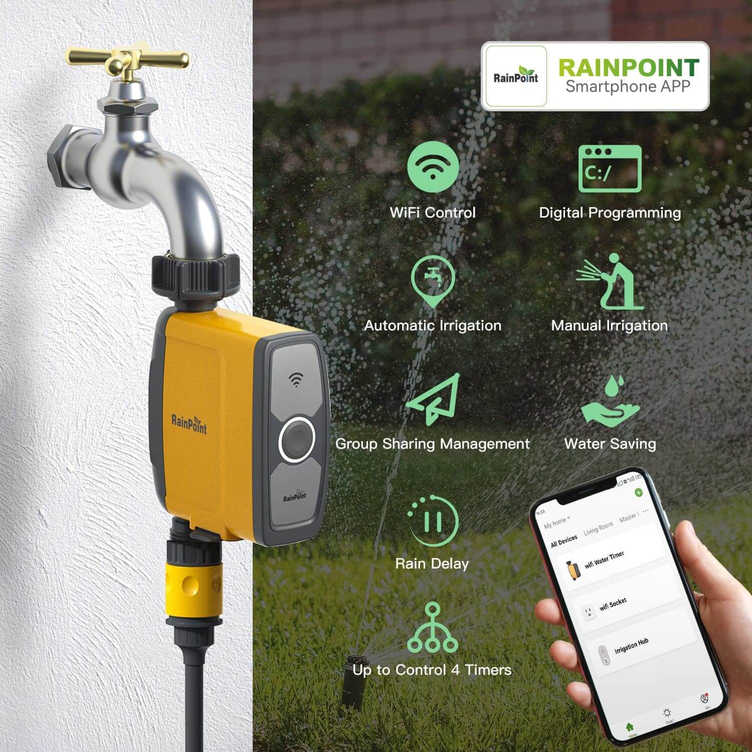 RainPoint Smart WiFi 2-Zone Sprinkler Timer, Hose Water Timer Voice  controlled Google Home And Alexa