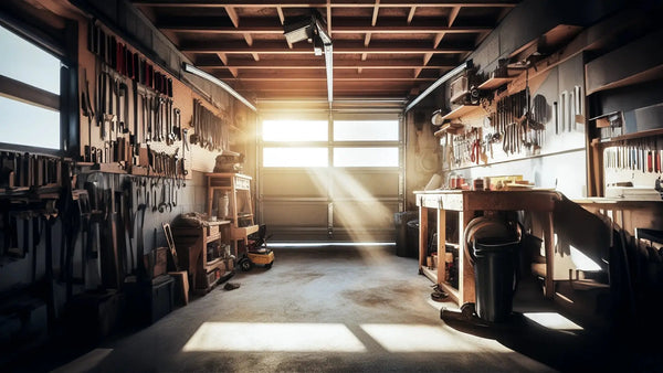 Inside of a garage workshop in the evening