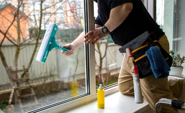 person cleaning window