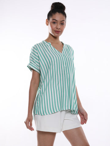 Green & White Soft Viscose Striped Women's Shirt - Barcelona Fit from Gazillion