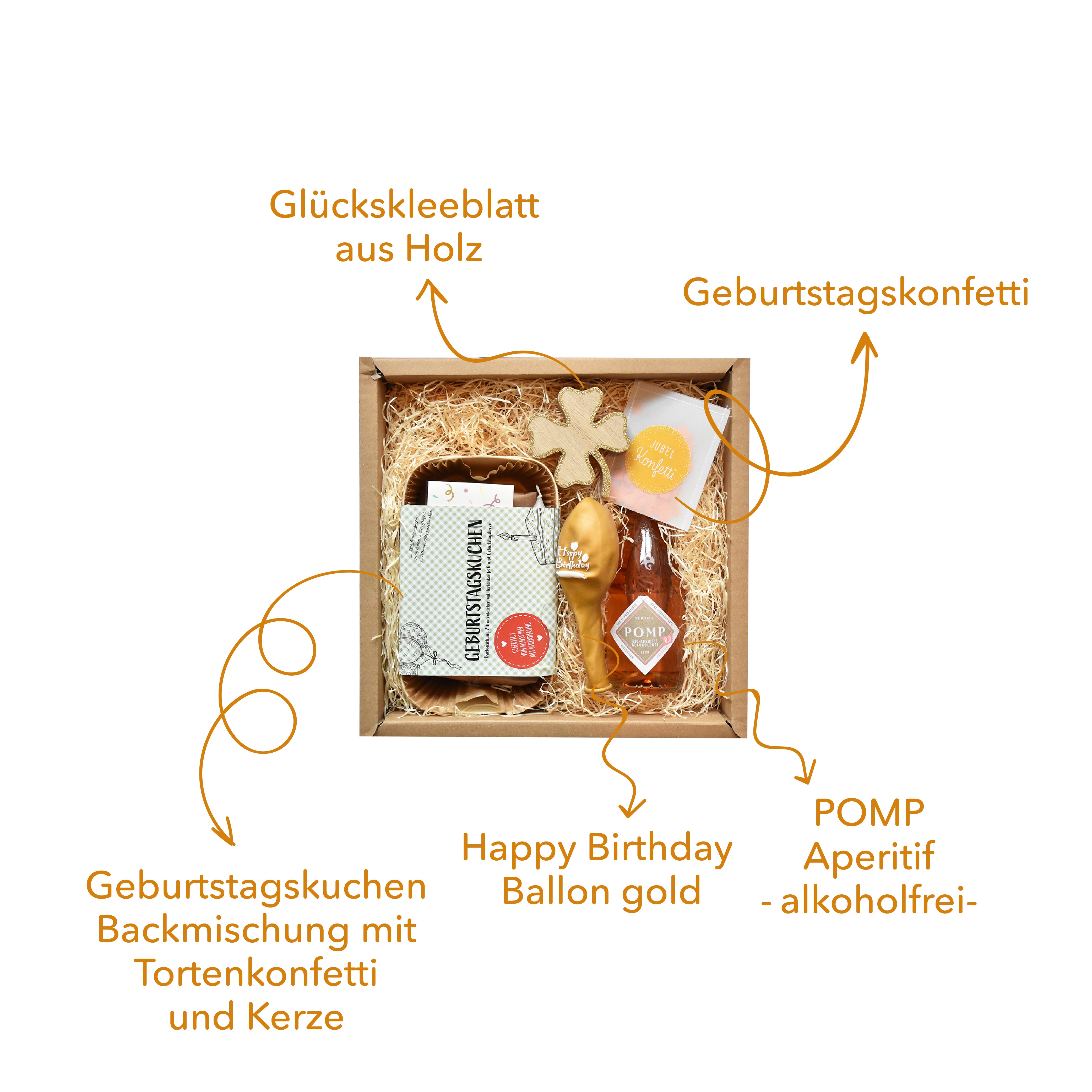 Offene Geschenkbox mit alkoholfreiem Sekt und einer Geburtstagskuchen Backmischung