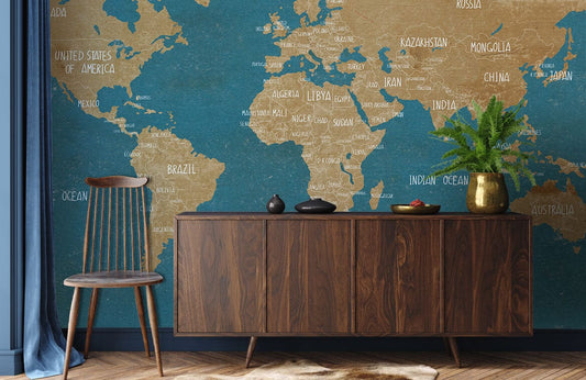 Decoration of the Hallway with a Retro Turquoise Map Wallpaper Mural