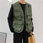 Mens Fashion Tooling Vest Men Streetwear Cargo Vest Hip Hop Sleeveless Jacket Gilet Military Multi-Pocket Outdoors Tactical Coat
