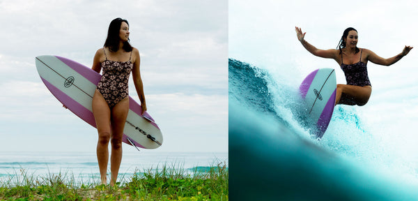 Two images show a woman carrying a surfboard, then catching a wave. 