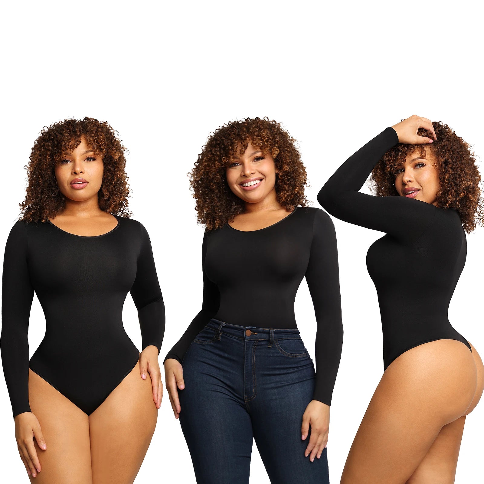 Round neck Seamless Long Sleeve Thong Bodysuit Shaper