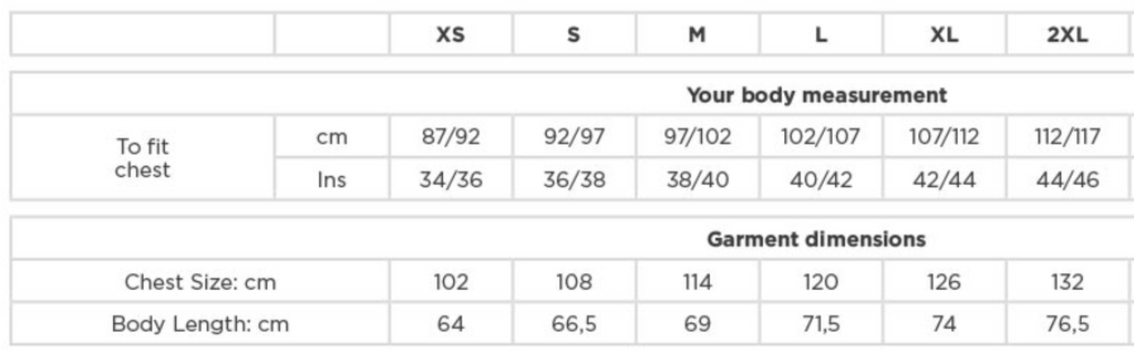 Product size chart