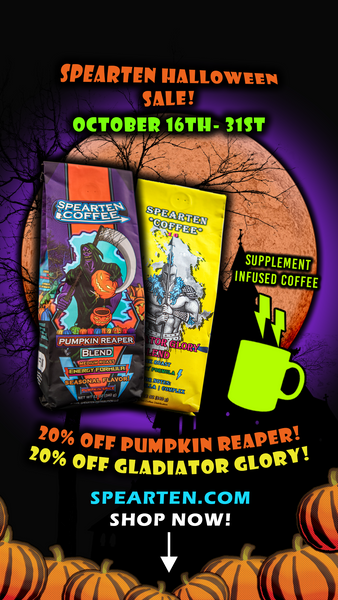 spearten halloween sale, 20% off coffee, fall coffee, pumpkin spice coffee, strong coffee, warrior coffee, gym coffee, gaming coffee, coffee for gamers, coffee for focus, coffee for energy