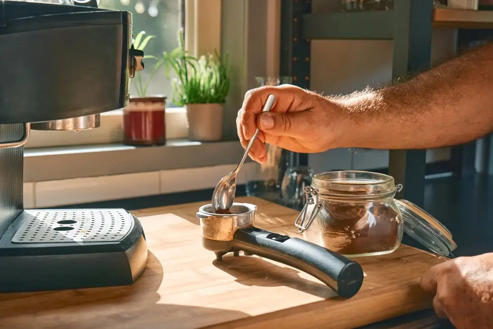 Hands of man making espresso in the kitchen, filling funnel of espresso coffee machine pot with ground coffee. Morning habit.