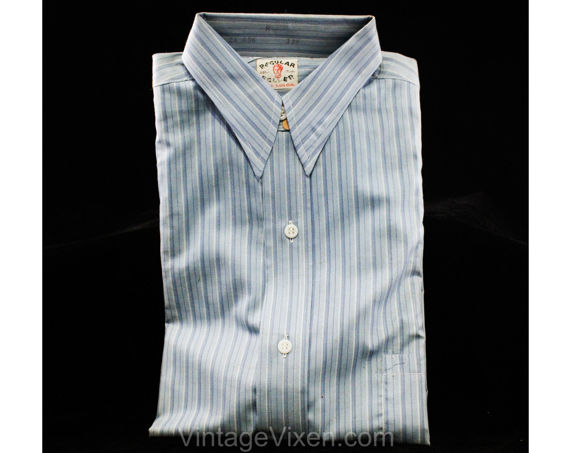 Boys 1930s Shirt - Size 14 Blue Striped Cotton Authentic 30s