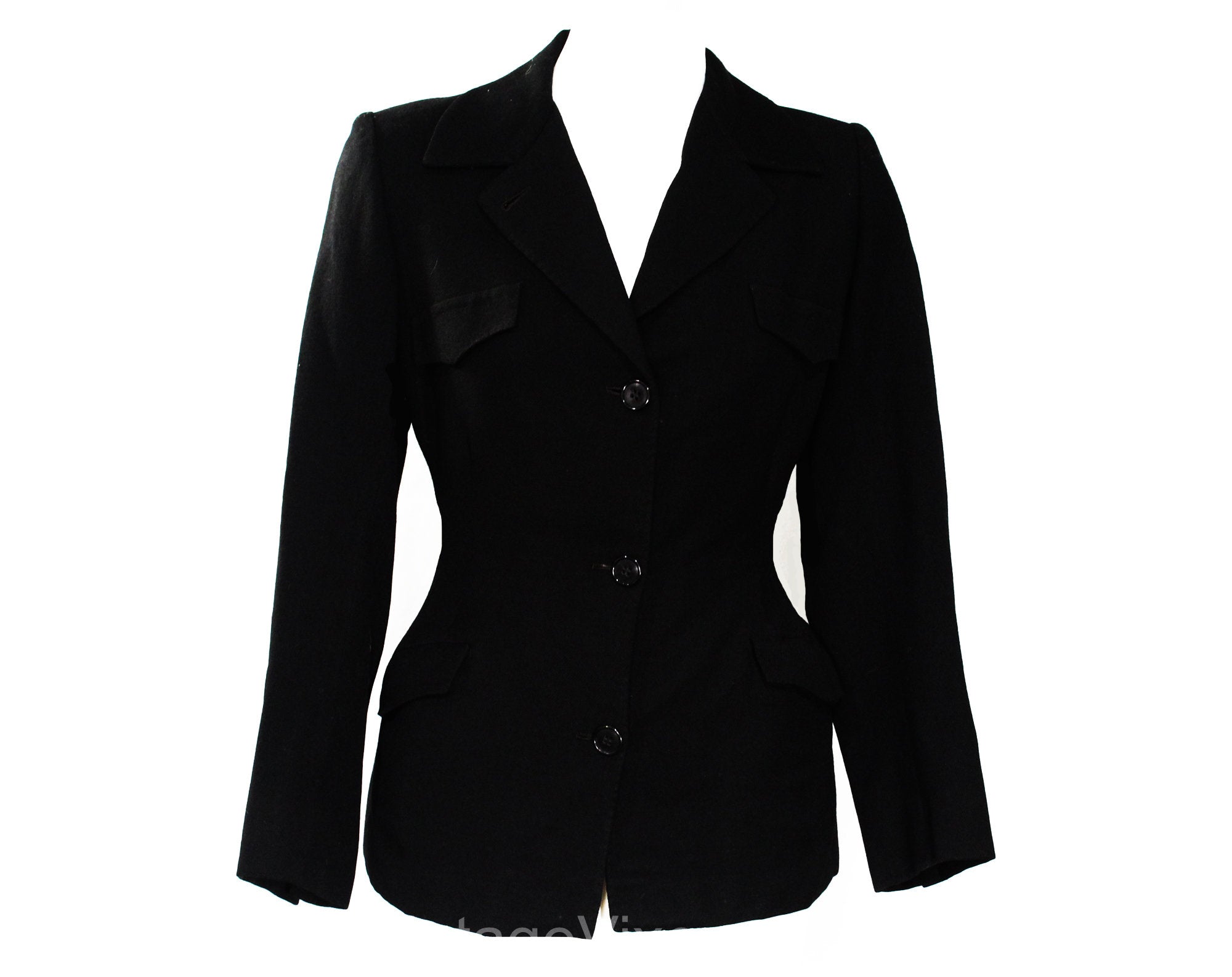 Small 1940s Gabardine Jacket - 30s 40s Black Nipped Waist Wool