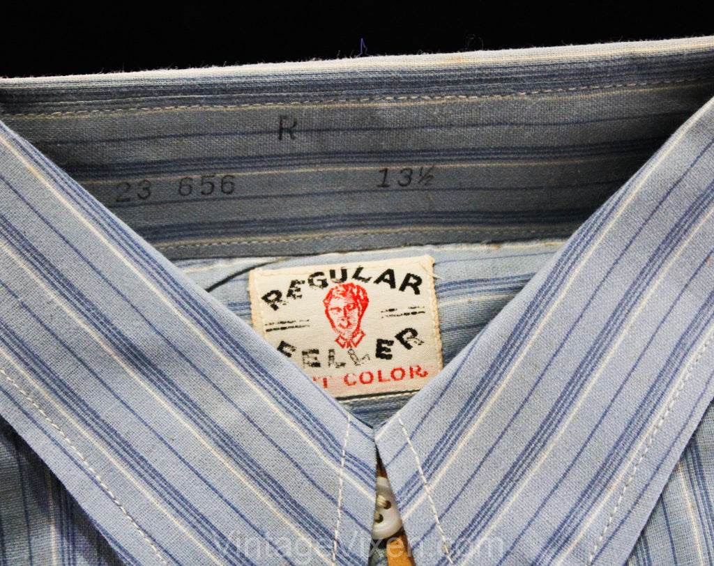 Boys 1930s Shirt - Size 14 Blue Striped Cotton Authentic 30s