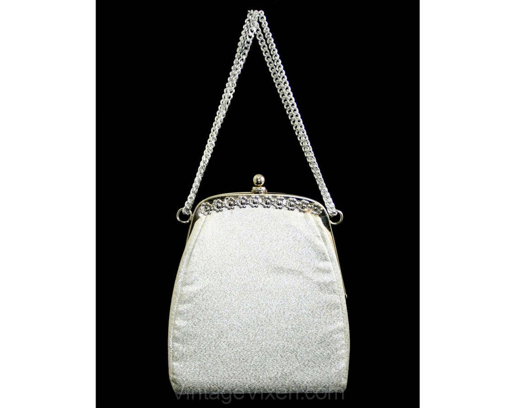Silver Daisy Purse - 60s Evening Formal Handbag - 1960s Metallic Party Purse with Chain Strap - Convertible Length - Shiny Fabric - 41393