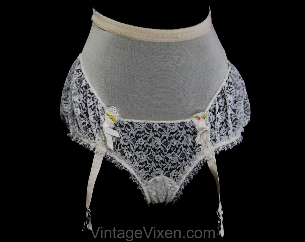 Small 1950s Pin-Up Panty Girdle - Ecru Spandex & Sheer Pouty Lace with ...