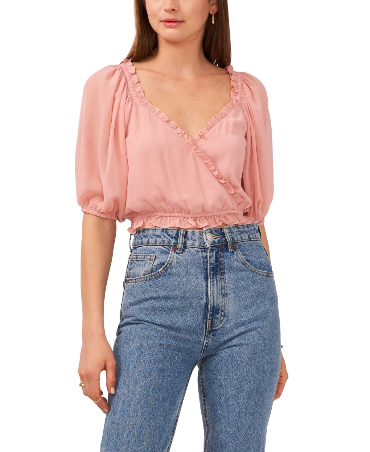 1.STATE Women's Puff Sleeve Cross Front Cropped Top Pink