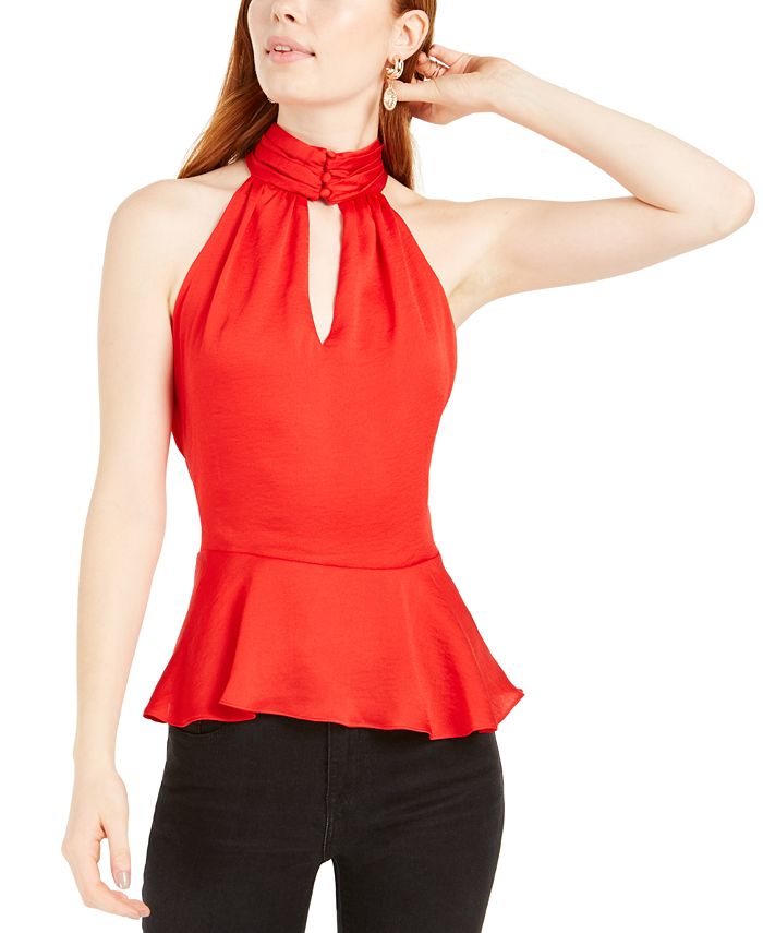 1.STATE Women's Satin Keyhole Halter Top Red Size Medium