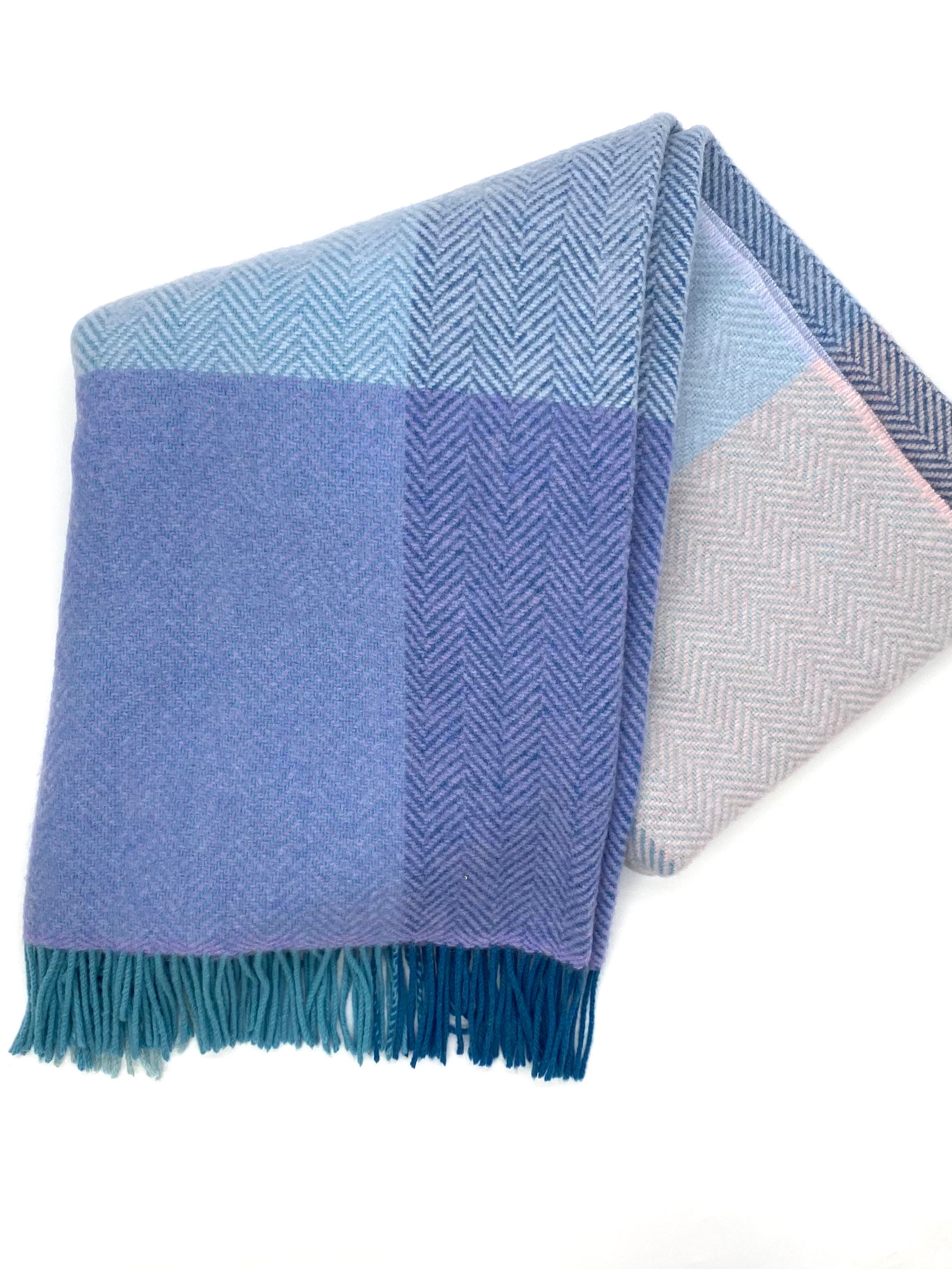 Merino Wool and Cashmere Throw - Aqua/ Lavender Block