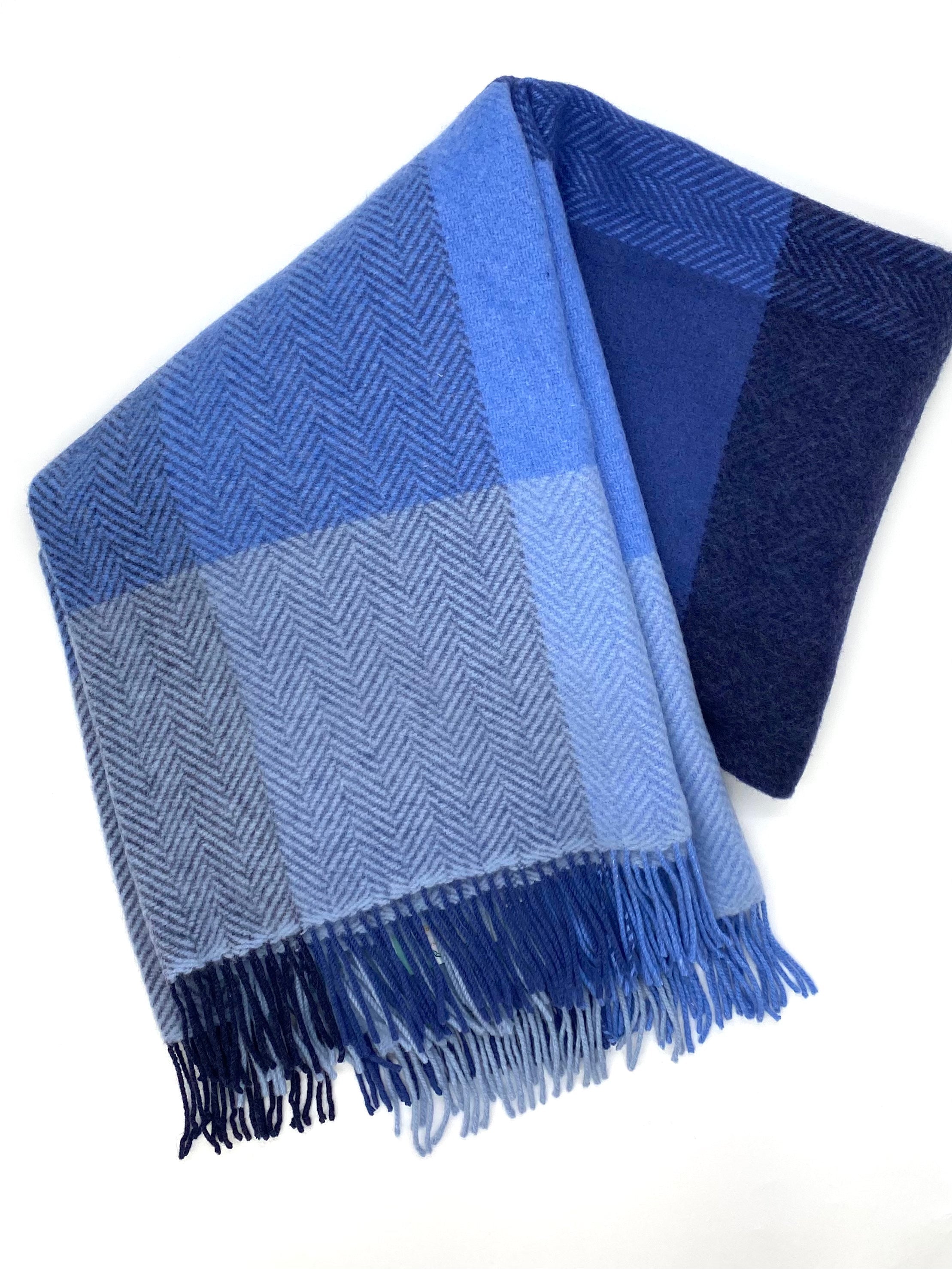 Merino Wool and Cashmere Throw - Navy/ Blue Block