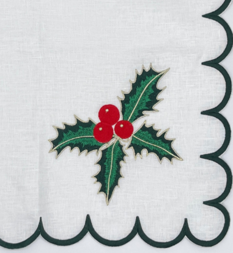 Holiday Dinner Napkins (Set of Four) Holly Berry~Green Scroll