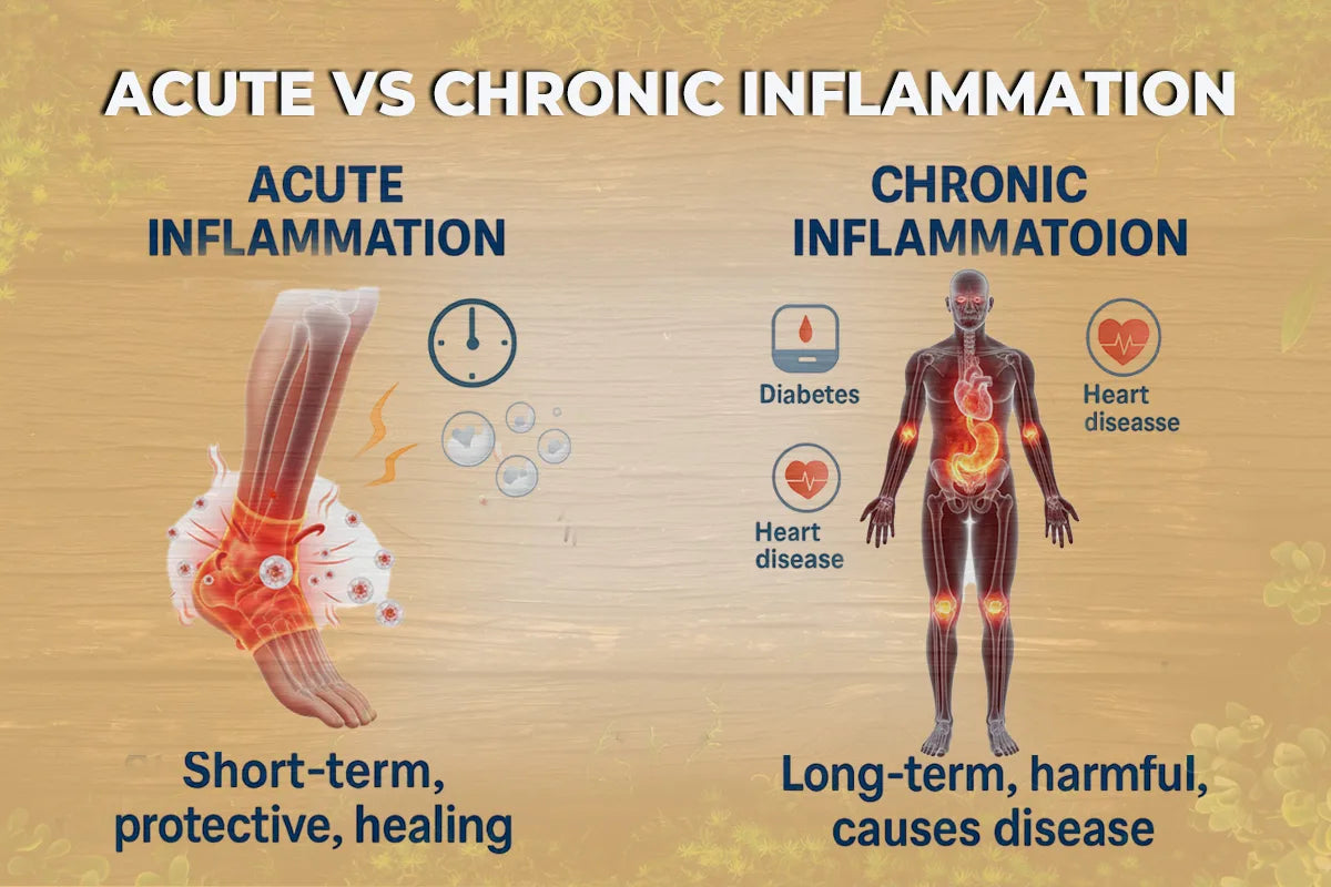 Acute vs chronic inflammation infographic showing ankle swelling as short-term healing and full body chronic inflammation linked to diabetes and heart disease.