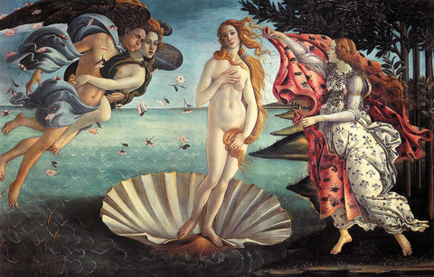 "Birth of Venus" by Botticelli - naked young woman (Venu) standing on a half shell floatng on the sea
