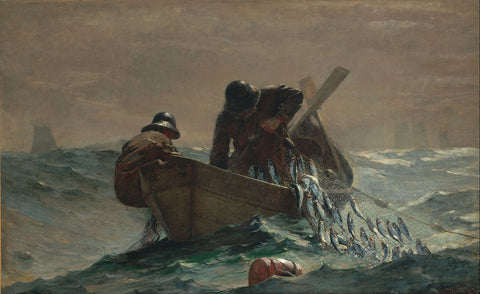 The Herring Net by Winslow Homer - Two men fishing in a dory boat on a stormy sea with massive waves