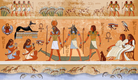 Egyptian hieroglyphs of men on boat and imagery of the sea