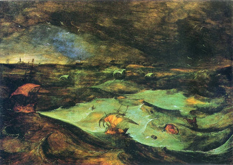 "The Storm", seascape painting by Pieter Breugel depicting a storm-tossed ship on a dark stormy green sea with massive waves