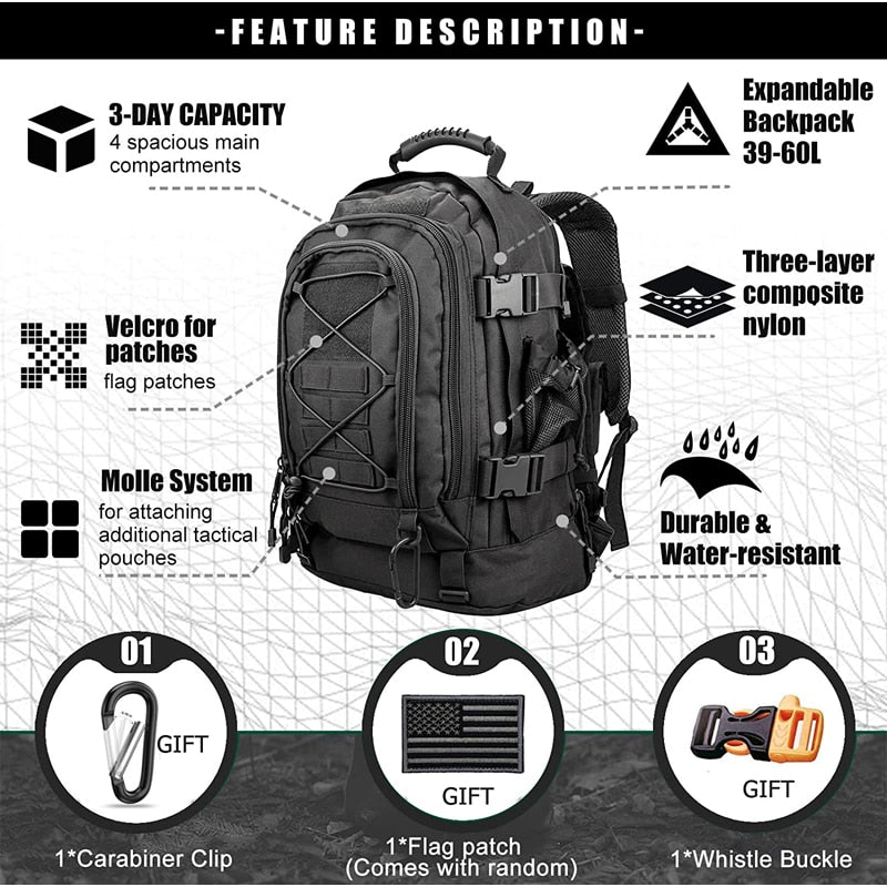 Extra Large 60 Liter Backpack for Men Women Outdoor Water Resistant Hiking Backpacks Travel Backpack Laptop Backpacks