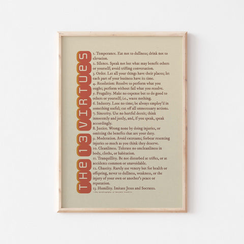 13 Virtues By Benjamin Franklin in Beige, Brown & Red Poster