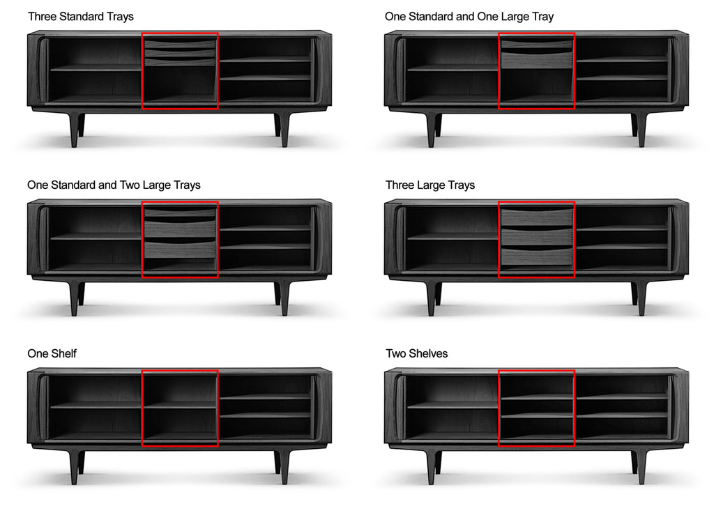 Sideboard shows six configurations of the center space that allows for trays and shelving