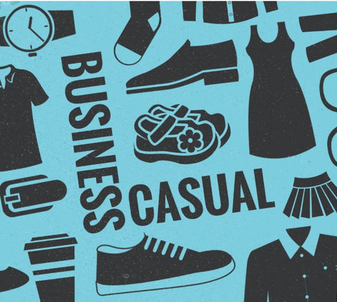 Image of shoes, dresses, shirts in a collage style image with the words business and casual in it to represent the different dress styles