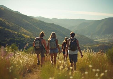 Photo of a group of friends hiking along a picturesque hiking trail