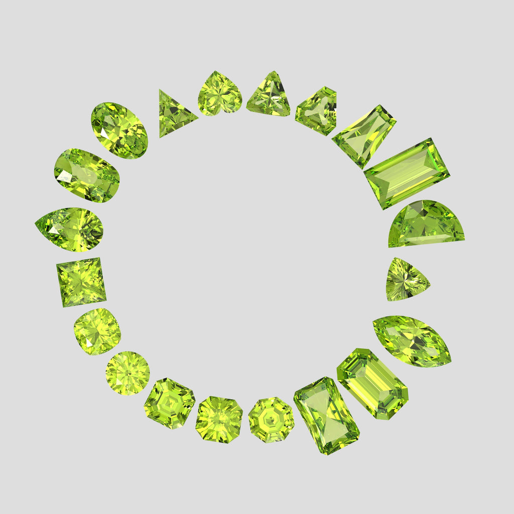 Different cuts of Peridot gems.