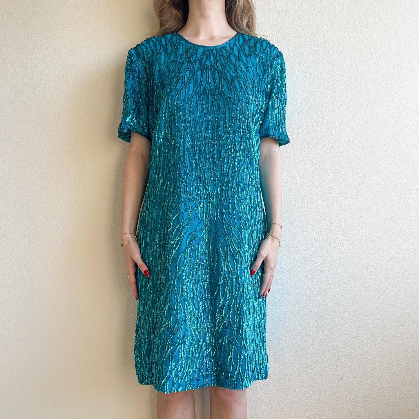 1980s Sténay Ocean Blue Sequined Dress (M/L)