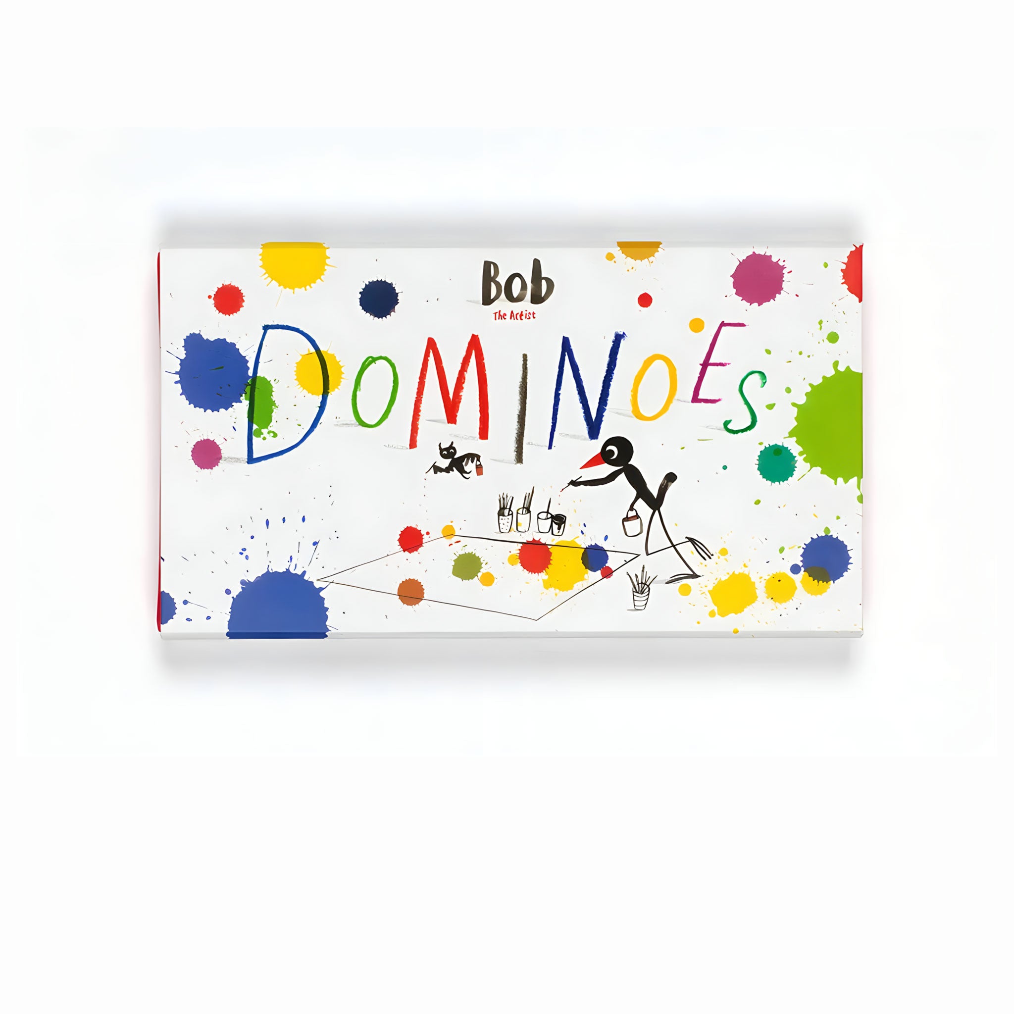Colorful splotches of paint cover the box for this set of dominoes. The text on the front reads: "Bob The Artist: DOMINOES". Below the text is a cartoonish illustration of an anthropomorphic bird making a painting on the floor.