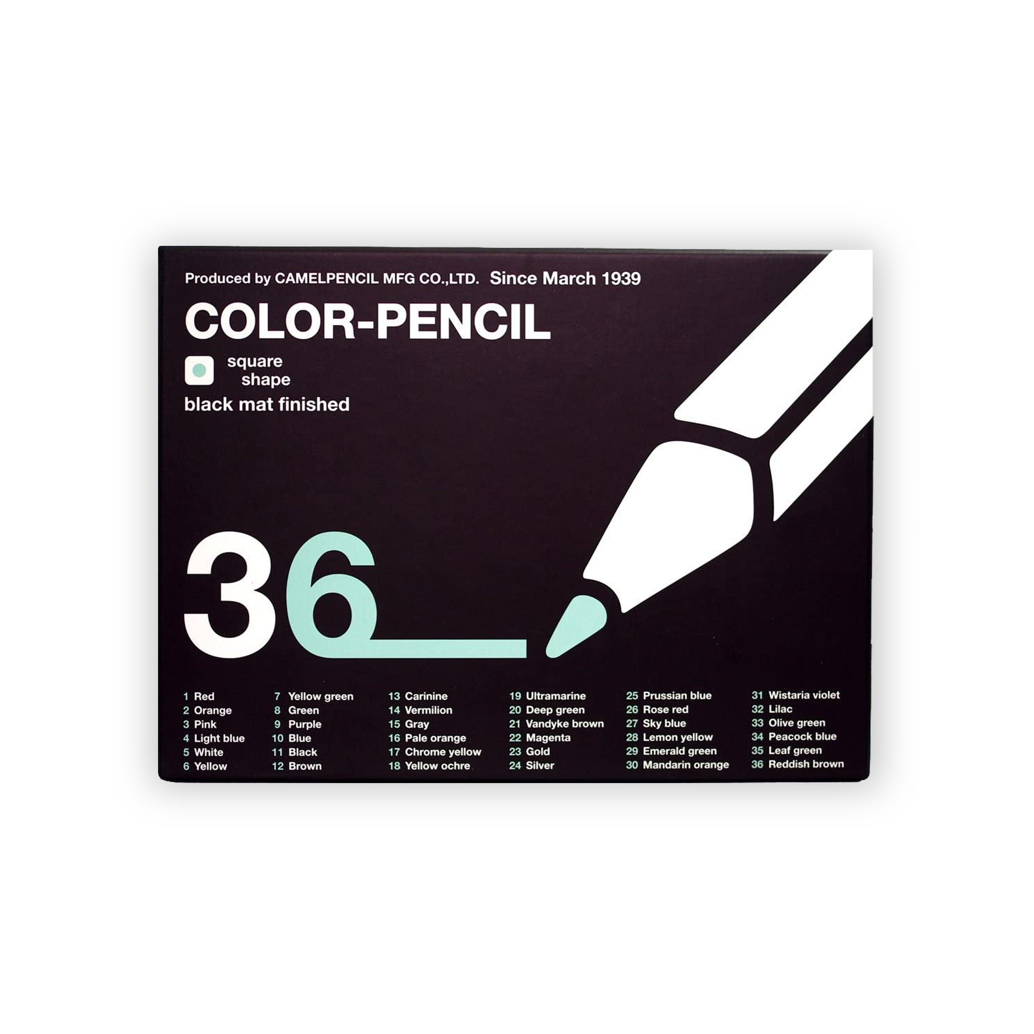 The closed cover of the full set. On a black box in white there is a graphic of a pencil drawing the number 36, and below is a list of all colors in the set.