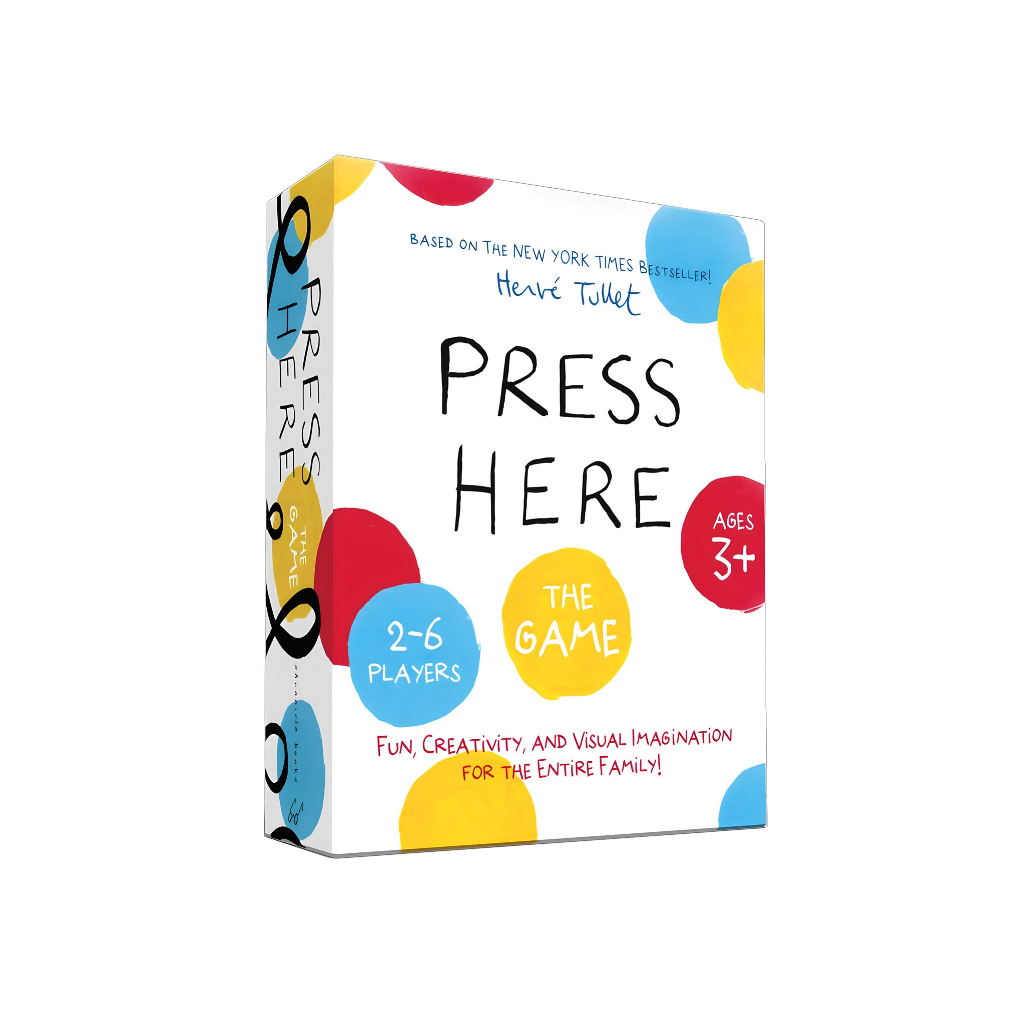 Primary colored dots cover the outside of the box of this game. On the front of the box it says "Based on the New York Ties Bestseller, Herve Tullet PRESS HERE The Game. 2-6 players, ages 3+. Fun, Creativity, and Visual Imaginaton For The Entire Family!"