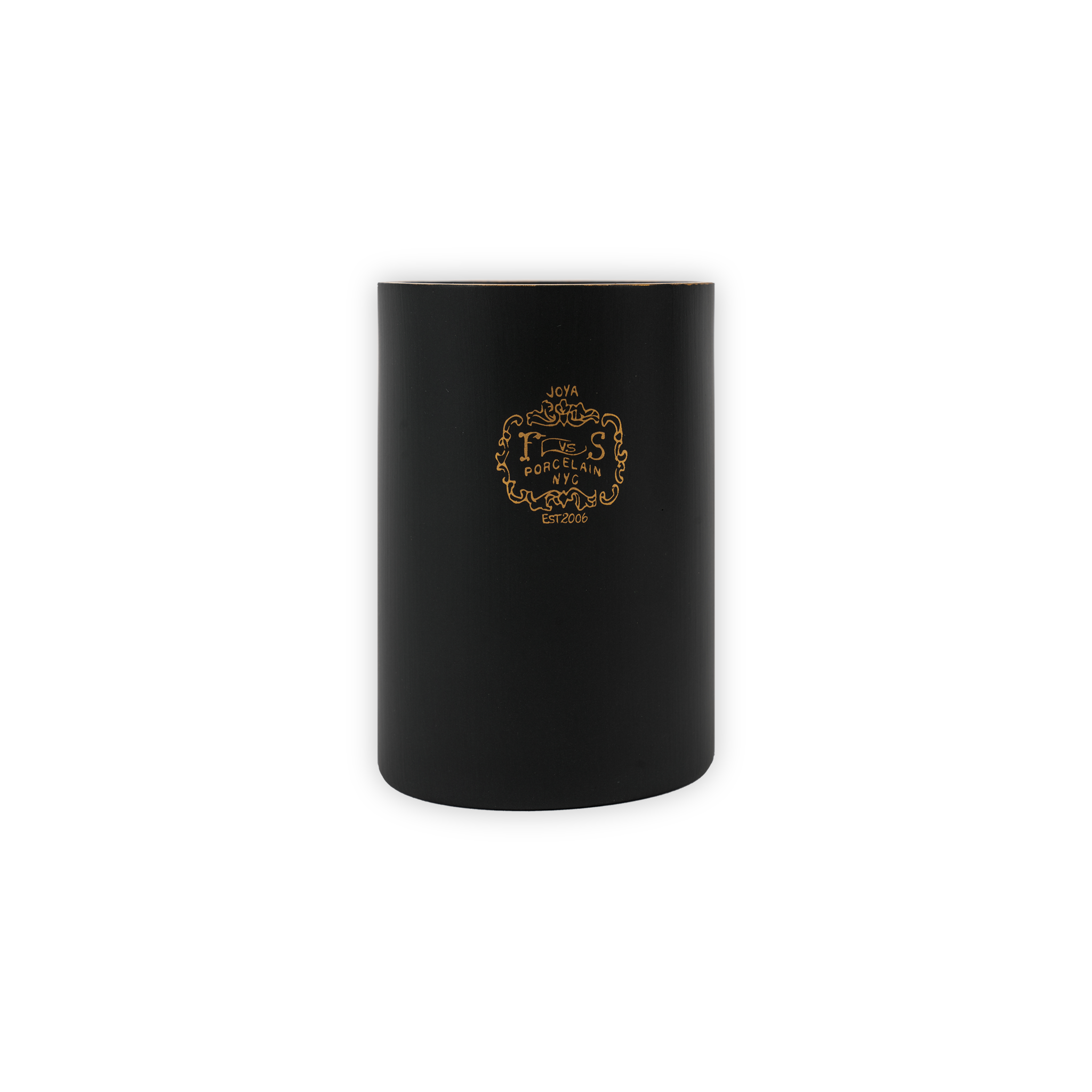 A black ceramic glass for the Composition No. 6 candle. On the front in gold lettering reads "F vs S Porcelain NYC. Est. 2006"